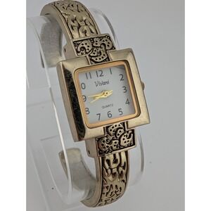 Vivani Watch Women 23mm Gold Square Case Textured Bangle Band- New Battery